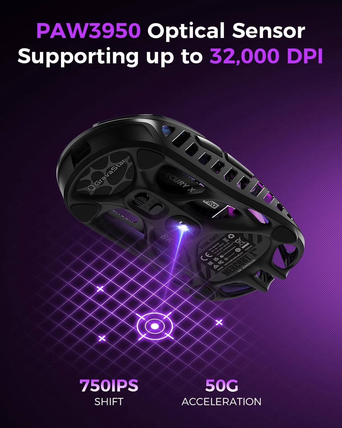 GravaStar Mercury X Pro 8KHz Wireless Gaming Mouse - PAW3950 Sensor, 32,000 DPI, 49g Lightweight Magnesium Alloy Hollow Design, Tri-Mode, 110Hr Battery, RGB Lighting-Galaxy Black