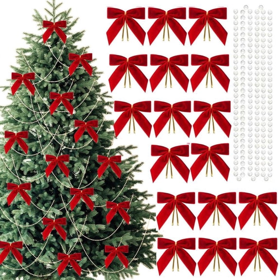 OADUKQ Christmas Bow Ornaments Set, 24 Pack Velvet Bows with Beaded Pearl, Christmas Tree Decorations and Holiday Home Diy, Red