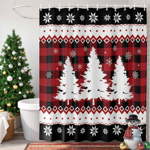Christmas Tree Shower Curtain, 72" x 72", Snowflake Red Black Buffalo Plaid Waterproof Bathroom Curtain Washable Shower Curtain Set with 12 Hooks