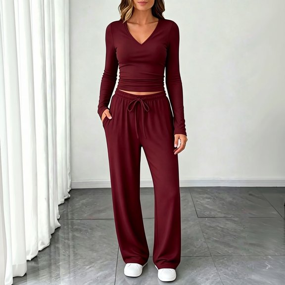 Women’s 2 Piece Lounge Set, V-Neck Long Sleeve Ribbed Knit Crop Top, Drawstring Waist Wide Leg Pants with Pockets, Casual Airport Travel & Fall Resort Outfit L
