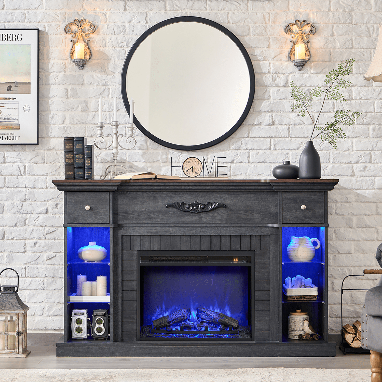 SinCiDo Fireplace TV Stand for 60 Inch, Farmhouse LED Entertainment Center w/7 Color for Living Room