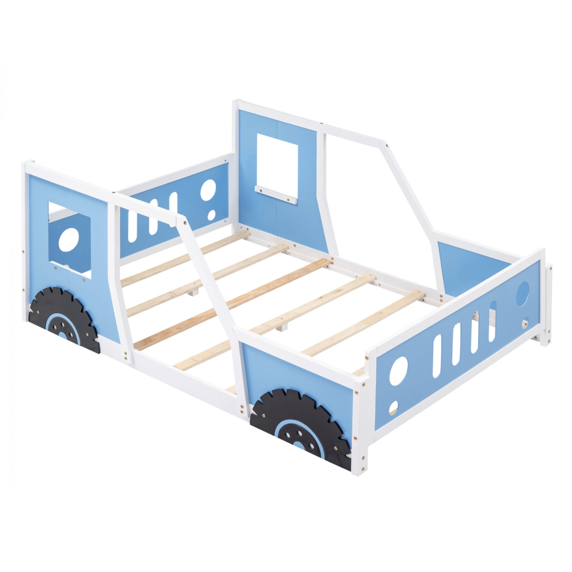 Full Size Classic Car-Shaped Platform Bed with Wheels, Wooden Kids Bed Frame for Bedroom, No Box Spring Needed,Blue