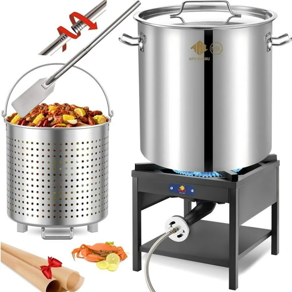 64QT Stainless Steel Seafood Boiling Turkey Fryer Kit with Strainer and Propane Stove with 200,000BTU and 36" Mixing Paddle (Stockpot Stove Mixing Paddle)