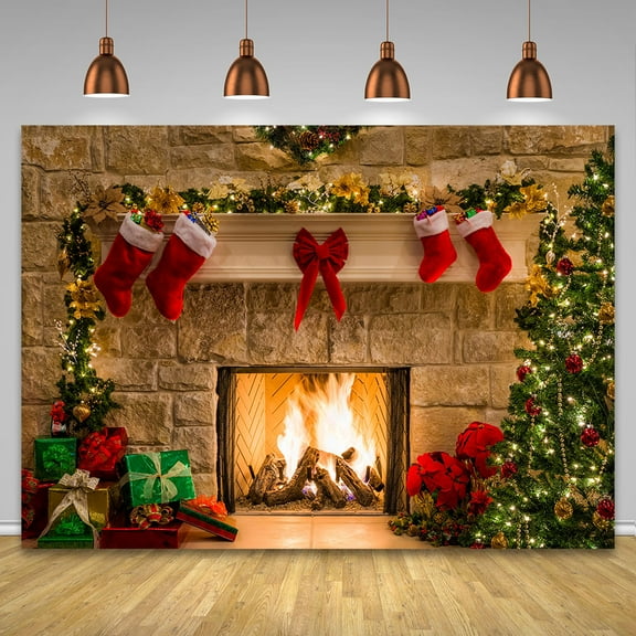 Christmas Photo Backdrop Fireplace Party X-mas Tree Gifts Banner Party Photography Background for Family Children Photoz