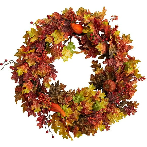 32" Autumn Oak Leaf/Berries and Pumpkin Artificial Autumn Wreath in Orange