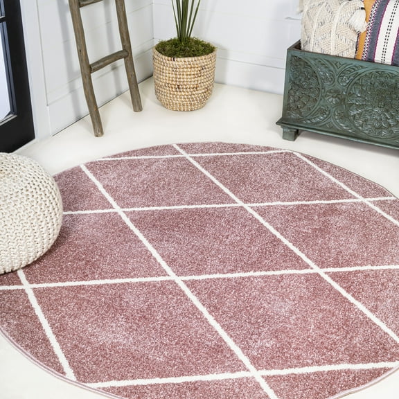JONATHAN Y SUPERSOFT 5' Round Area Rug, Cole Minimalist Diamond Trellis - Rose/White, SEU102B-5R