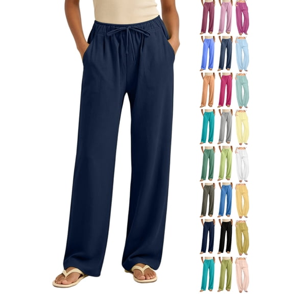 Women's Casual Wide Leg Pants Trousers Solid Drawstring Waist Long Pants With Pocket Dressy Casual Trousers
