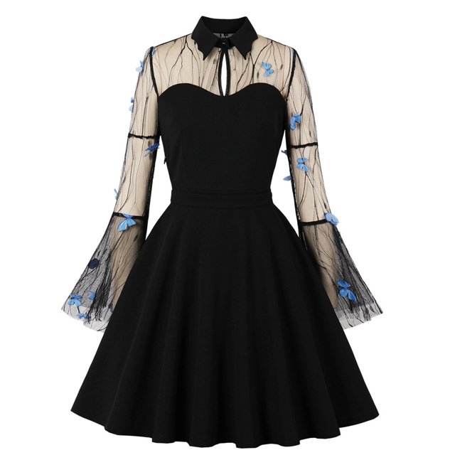 EGNMCR Robes de Soirée pour Femmes, Robes Formelles pour Femmes, Robes de Cocktail pour Femmes Mode pour Femmes Manches Évasées Col Rabattu Bouton Maille Uni Broderie Robe de Cocktail de Fête Robe Femme