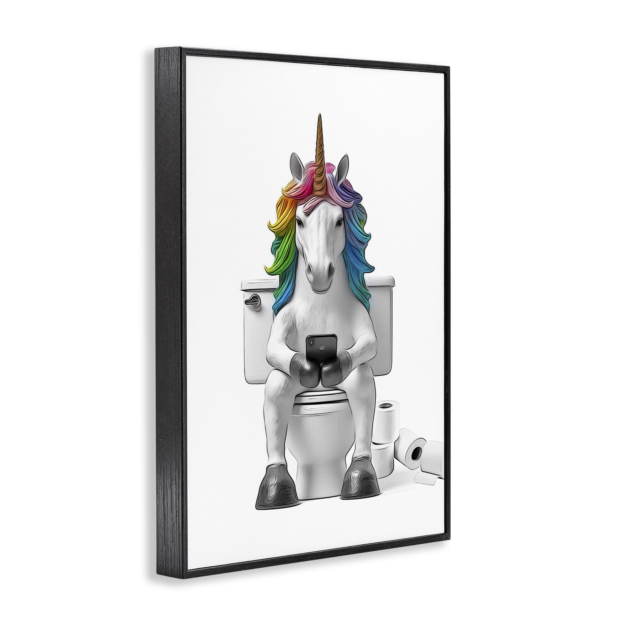 Stupell Industries Unicorn Texting on Toilet Typography Painting Black Framed Art Print Wall Art, 12 x 18