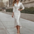 thumbnail image 3 of Formal Dresses for Women Satin Long Sleeve V Neck Stand Collar Slim Fit Maxi Bodycon Dress Wedding Guest Dress, 3 of 5