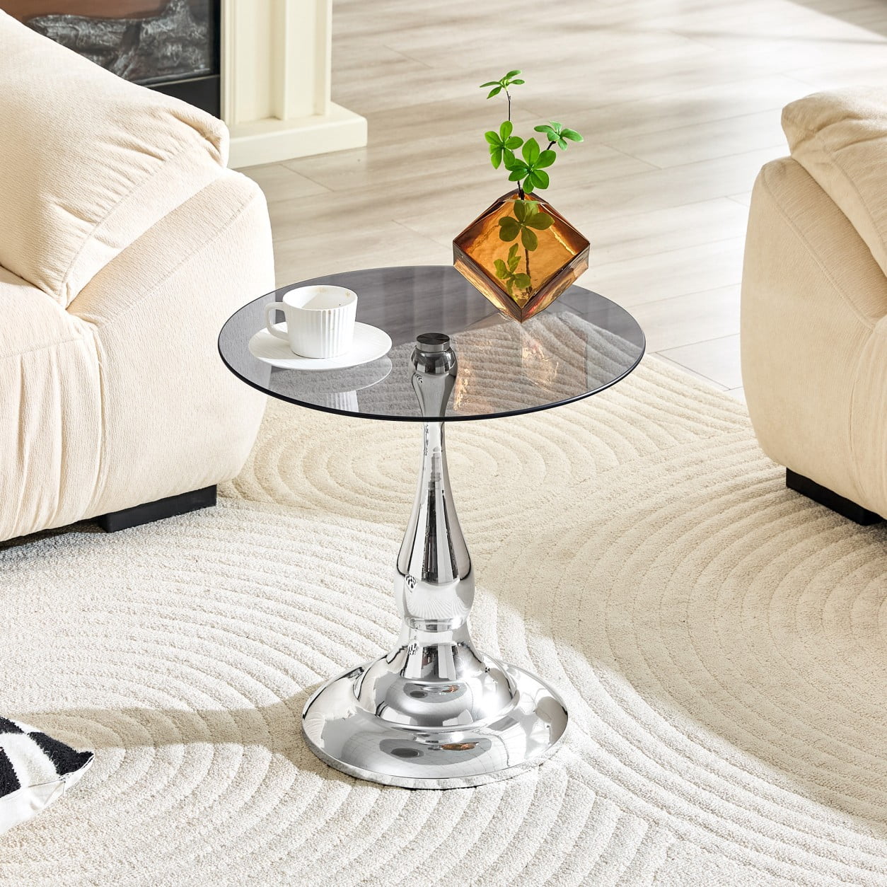 19.6" Round Side Table, Gray Tempered Glass Top with Silver Metal Base, Modern End Table, Nightstand, Sofa Table for Living Room Bedroom