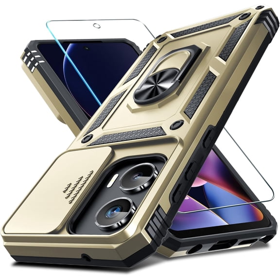 for Motorola Moto G Stylus 5G 2024 Case Built in Slide Camera Lens Cover Screen Protector Finger Ring Holder Kickstand,Heavy Duty Shockproof Full Body Protective Phone Cover,Gold