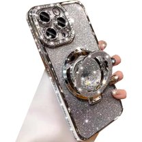 Glitter Kickstand Case for iPhone 15 Pro Max,Luxury Bling Sparkly Diamond Rhinestone with Camera Protector Liquid Flowing Ring Stand TPU Bumper Women Girls Case for iPhone 15 Pro Max (Silver)