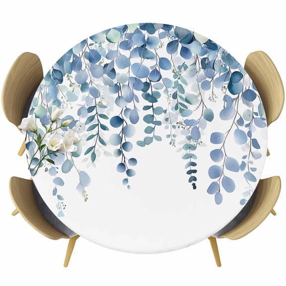 Eucalyptus Blue Table Cloth, Round Fitted Tablecloths with Elastic Edge, Farmhouse Leaves Summer Spring Wipeable Waterproof Table Cover for Kitchen Wedding 36-44 Inches