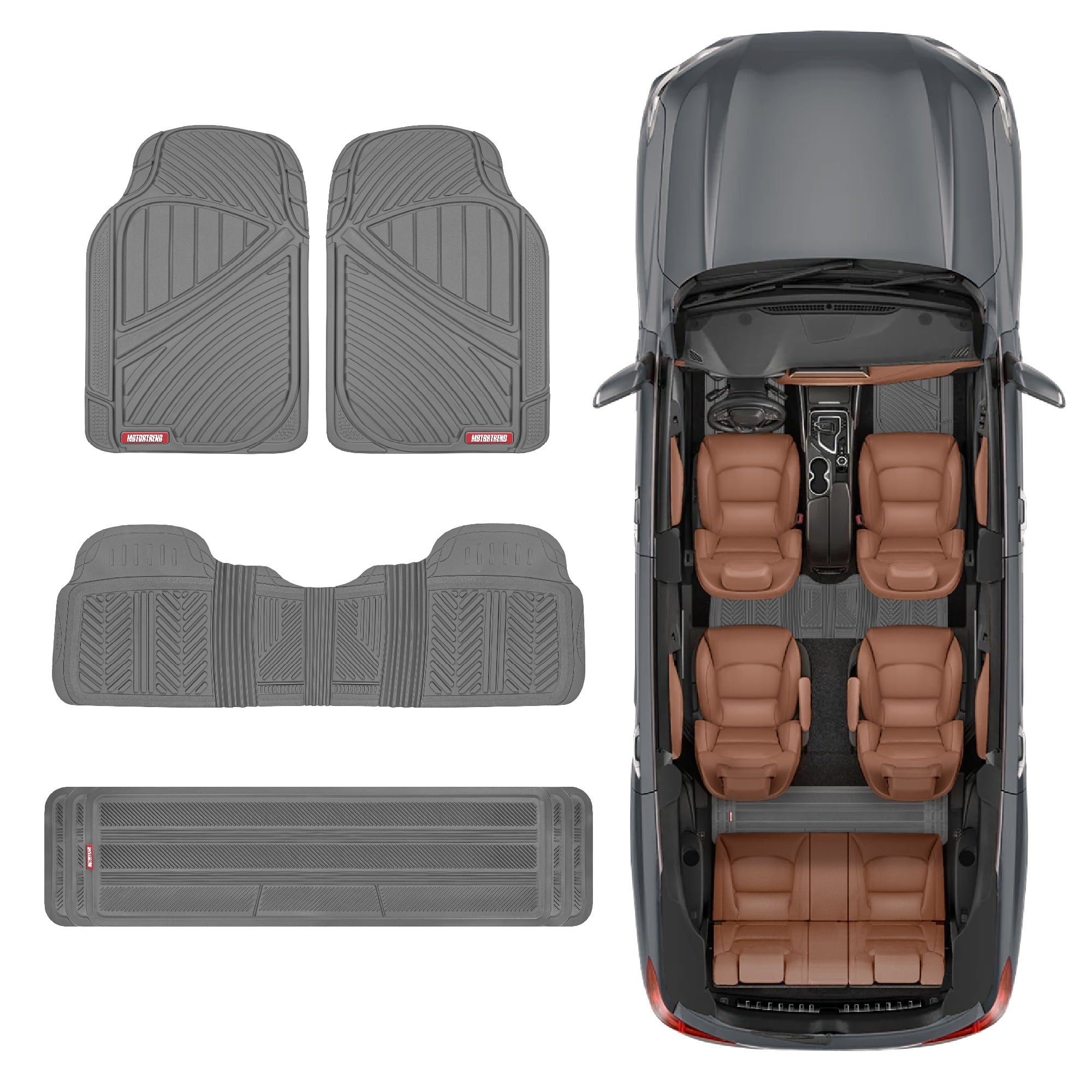 Motor Trend 3-Row Heavy Duty Rubber Floor Mats & Liners for Car SUV Van, Front 2nd & 3rd Row Durable Polymerized Latex Full Interior Protection, Extra-High Ridgeline Design, Gray