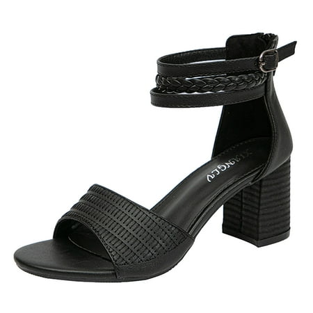 

Cathalem Women Sandals Summer New Pattern Fashion Solid Color Versatile Casual Thick Heel Square Heel Comfortable Non Slip Buckle Strap Shoes Black 38