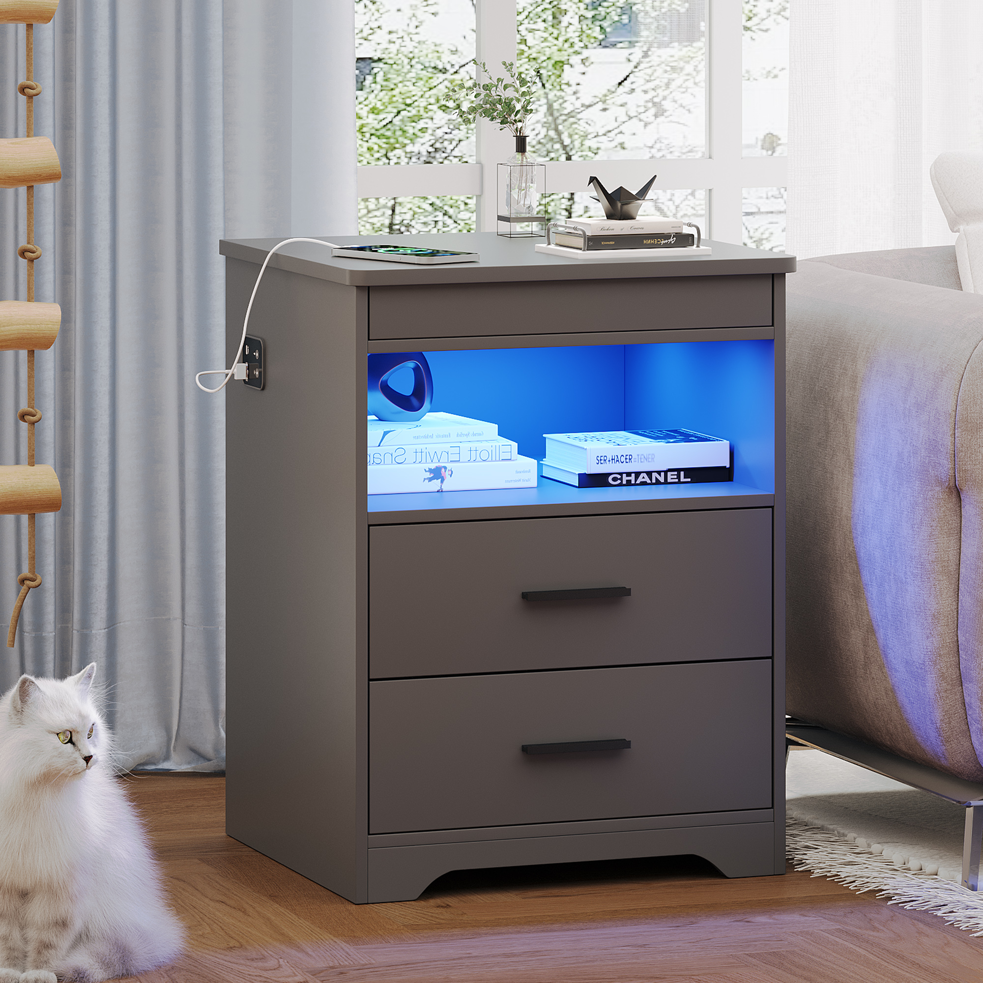 VKCC Rustic Wooden Nightstand with Charging Station, 2 Drawers Bedside Table with LED Lights, Small Cabinet for Bedroom Living Room, Grey