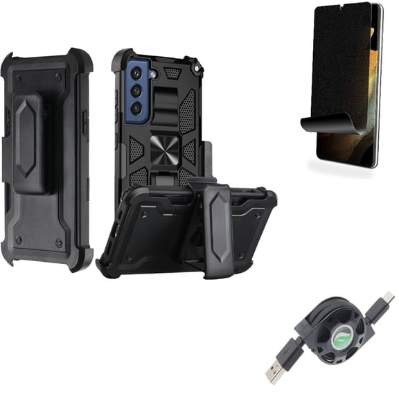 USB Cable & Case Belt Clip & Privacy Screen Protector for Samsung Galaxy S22 Plus (S22 ) - Combo Retractable Type-C Charger & Holster Swivel Cover & TPU Film (Fingerprint Works) Anti-Peep