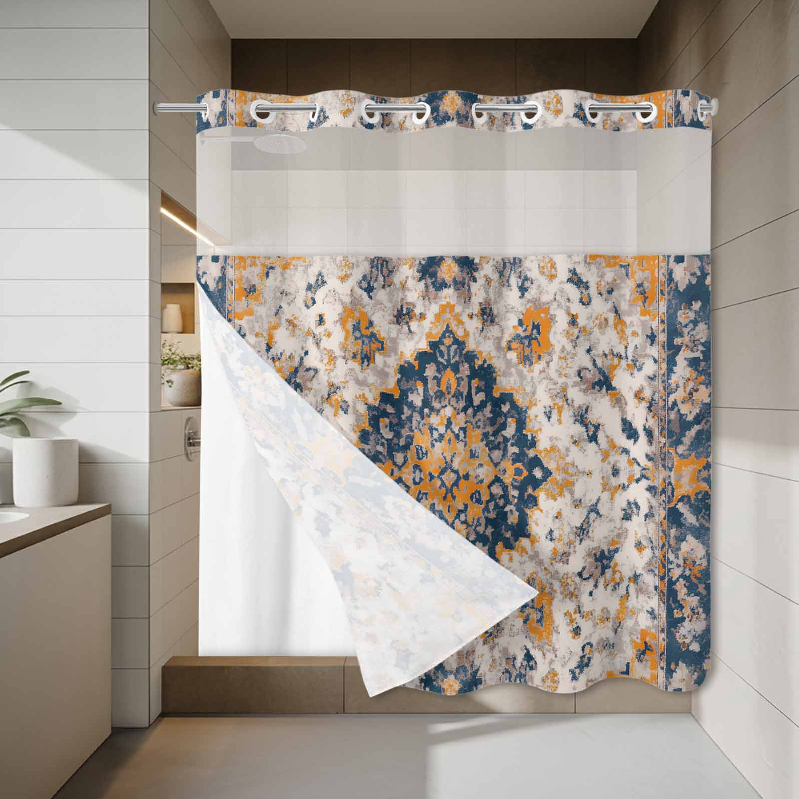 No Hook Shower Curtain, Boho Chic Ethnic Long Bathtub Curtains with Snap in Liner, Orange Blue Vintage Tribes Waterproof Washable Fabric Bathroom Curtain Sets, 72"W x 78"L