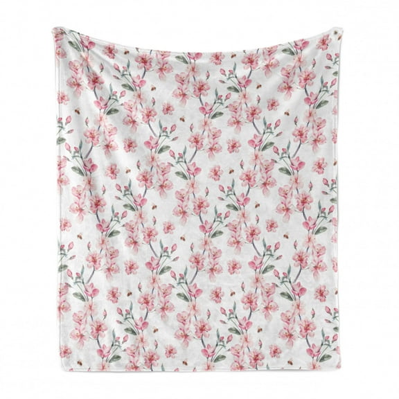 Watercolor Soft Flannel Fleece Throw Blanket, Vintage Japanese Garden Flourishing Sakura Cherry Branches, Cozy Plush for Indoor and Outdoor Use, 50" x 70", Reseda Green Pale Pink, by Ambesonne