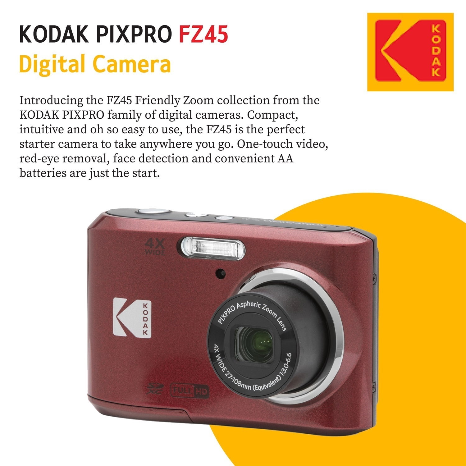 Kodak PIXPRO FZ45 Camera (Red) with 32GB Card, Case, Monopod