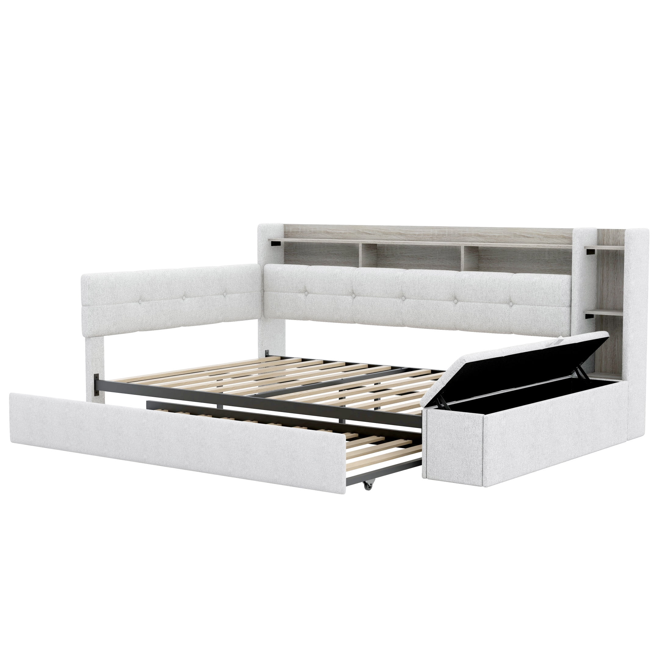 Noble House Brevon Full Size Upholstered Daybed with Trundle, Built-in USB Charging Station and LED Light, Beige