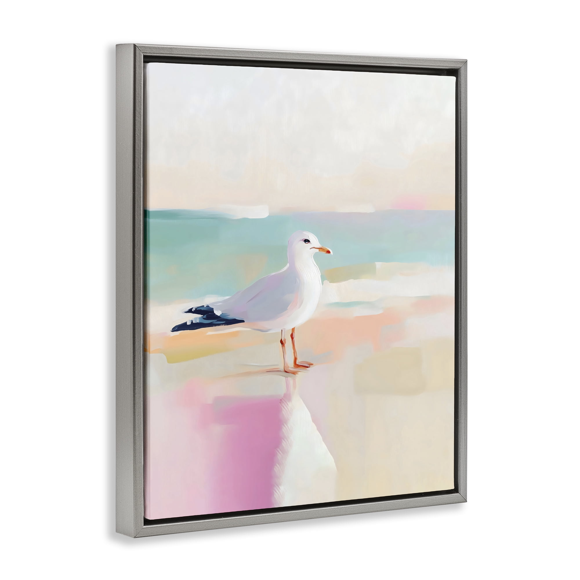 Stupell Industries Seagull Beach Tranquil Reflection Gray Framed Floater Canvas Wall Art, design by The Prints Vibe