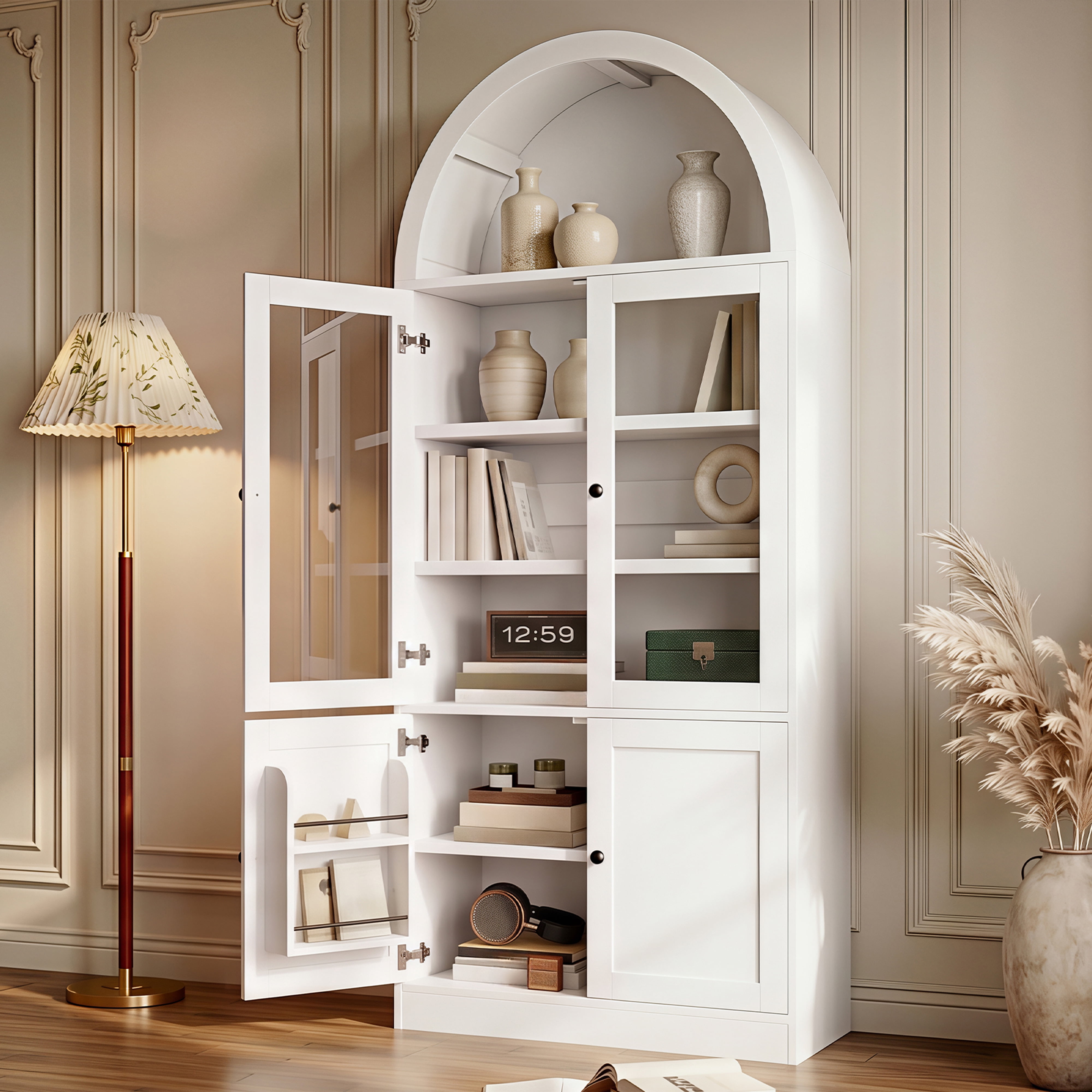 Mintazer Arched Top Tall Storage Cabinet, Display Bookcase with Glass Doors & 5-Tier Shelves, Farmhouse Freestanding Hutch for Living Room Dining Room Study, White