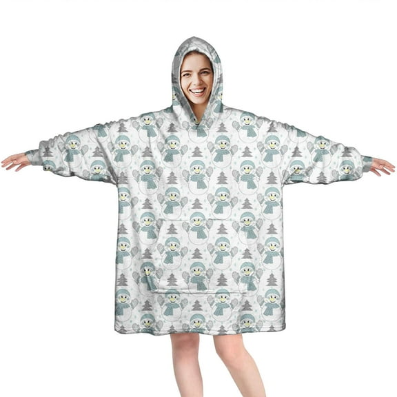 Wearable Oversized Blanket,Light Blue Christmas Snowman Pattern Wearable Blanket Hoodie for Adults,Cozy Hooded Blankets with Super Pockets,Super Warm Fuzzy Pullover for Women & Men