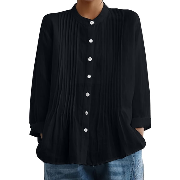 Women's Oversized Tshirts Retro Pleated Linen Like Regular Fit Shirt Long Sleeve Shirts for Women