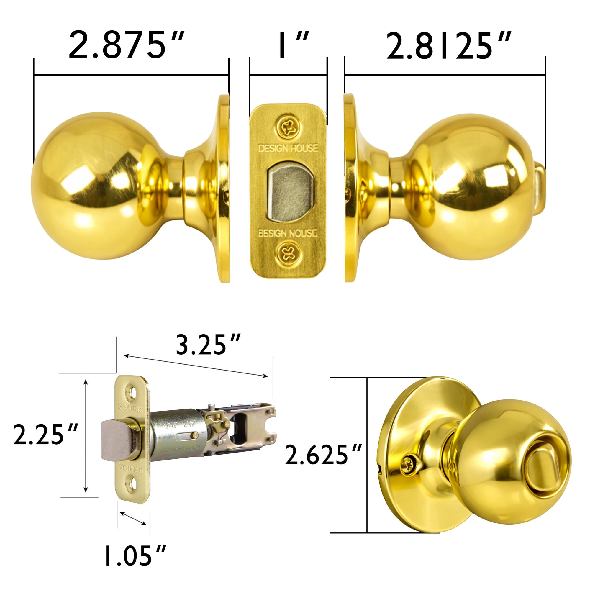 Ball Privacy Door Knob, Bed and Bath, Polished Brass Finish, Left or Right Hand