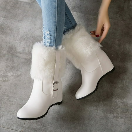

XDDST Large Size Women s Booties Ankle-High Medium Heel Ladies Fashion Leather Plush Belt Buckle Decoration Elevated Thick Sole Short Boots White