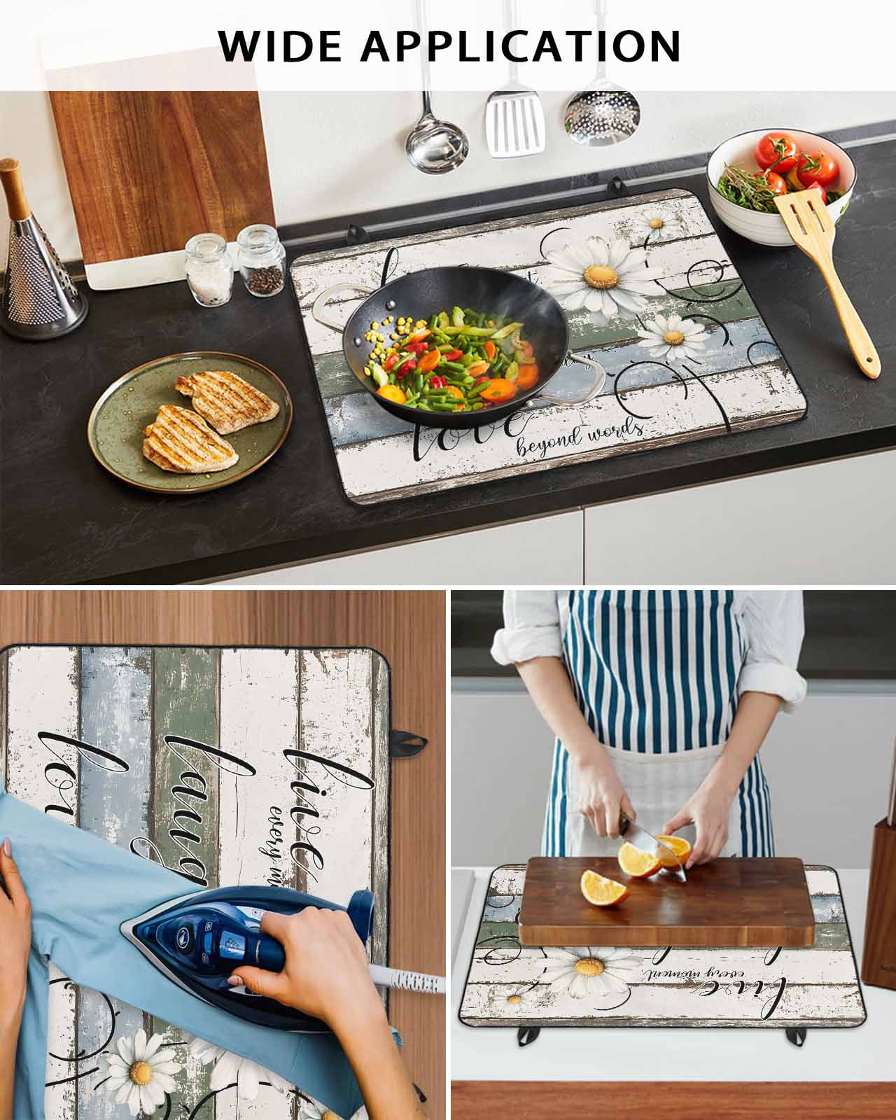 nqOlkjepod Large Induction Cooktop Protector Mat 24"x21", White Green Blue Stove Top Covers for Electric Stove, Vintage Wooden Rustic White Daisy Floral Stove Burner Cover Mats Stove Cover