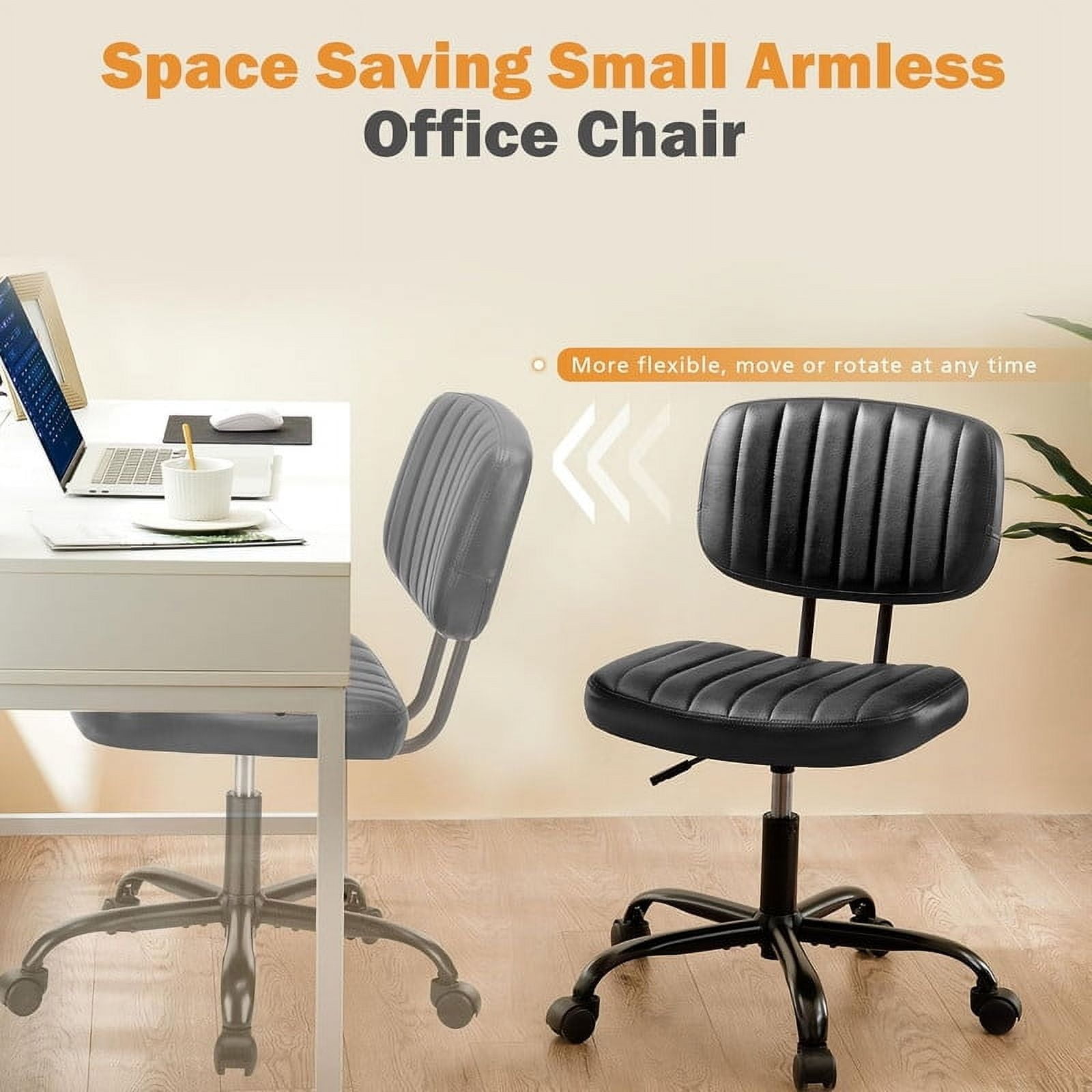 Armless Office Desk Chair with Wheels, Adjustable Height 360° Rolling Swivel Lumbar Support Low-Back Computer Chair, PU Leather, Black