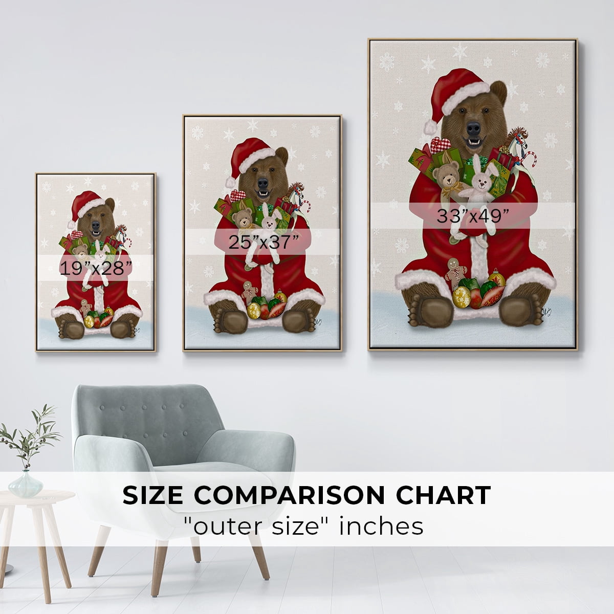 Christmas Christmas Present Bear Hug - Framed Gallery Wrapped Holiday Canvas - 27 x 41 - Natural Wood Frame