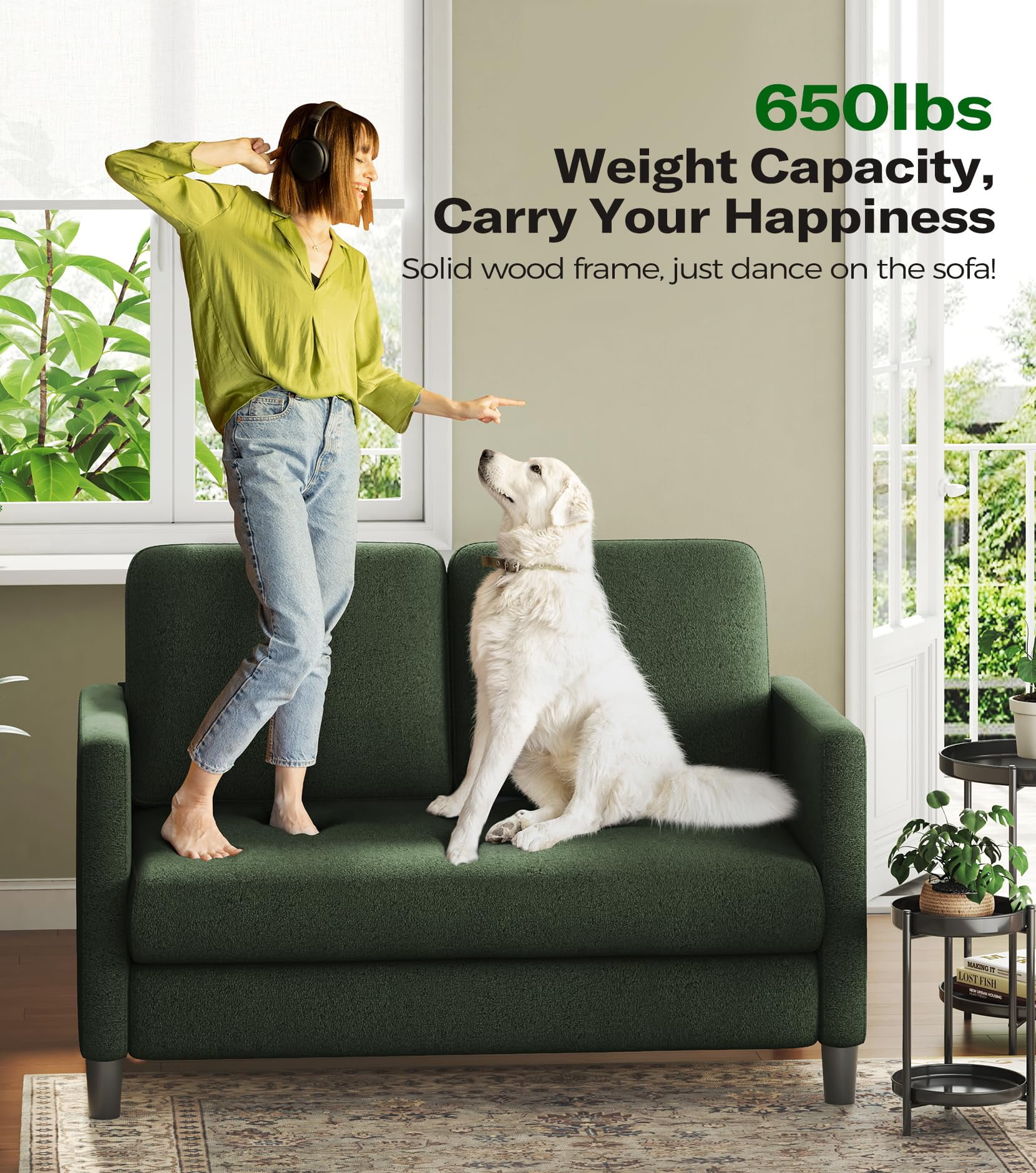 Welzona 51" Teddy Fabric Loveseat Sofa, Small 2-Seater Couch for Small Spaces, Tool-Free Assembly, Green