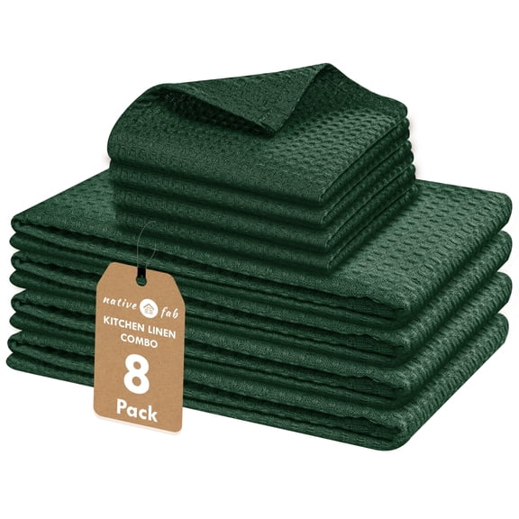 Native Fab Cotton Dish Towel & Dishcloths Set - 8 Piece, Soft, Absorbent, Fast Drying, Durable Towels for Cleaning, Baking, Cooking - Great for Home, Kitchen & Restaurant Use - Forest Green
