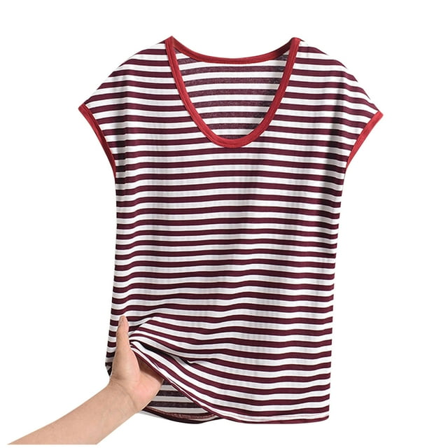 Bocqde Hauts de Pyjama d'Été pour Femmes Grande Taille Mode à Rayures Imprimées Col Rond T-Shirt de Pyjama pour Femmes Coupe Décontractée Confortable Manches Courtes Hauts de Détente