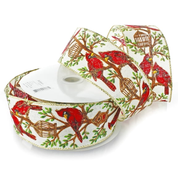 Ribbon Traditions Red Cardinal Birdhouse on Cream Wired Ribbon 2 1/2" by 10 Yards
