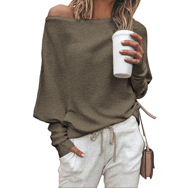 Suéter de Otoño para Mujer, Informal, de Larga Tipo Murciélago, Holgado, con Hombros Descubiertos, de Punto. Caqui S