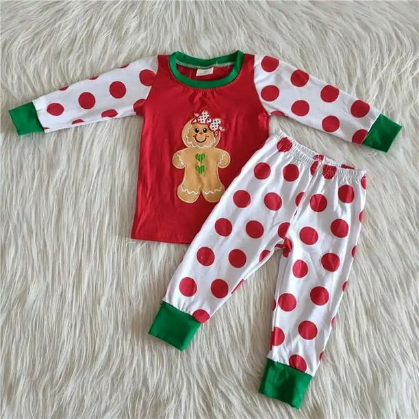 Venta al por mayor, ropa de Navidad a la moda para niñas, ropa de dormir, conjunto de puntos blancos, pantalones con volantes rojos para niños, conjunto de pijamas para Otoño e Invierno
