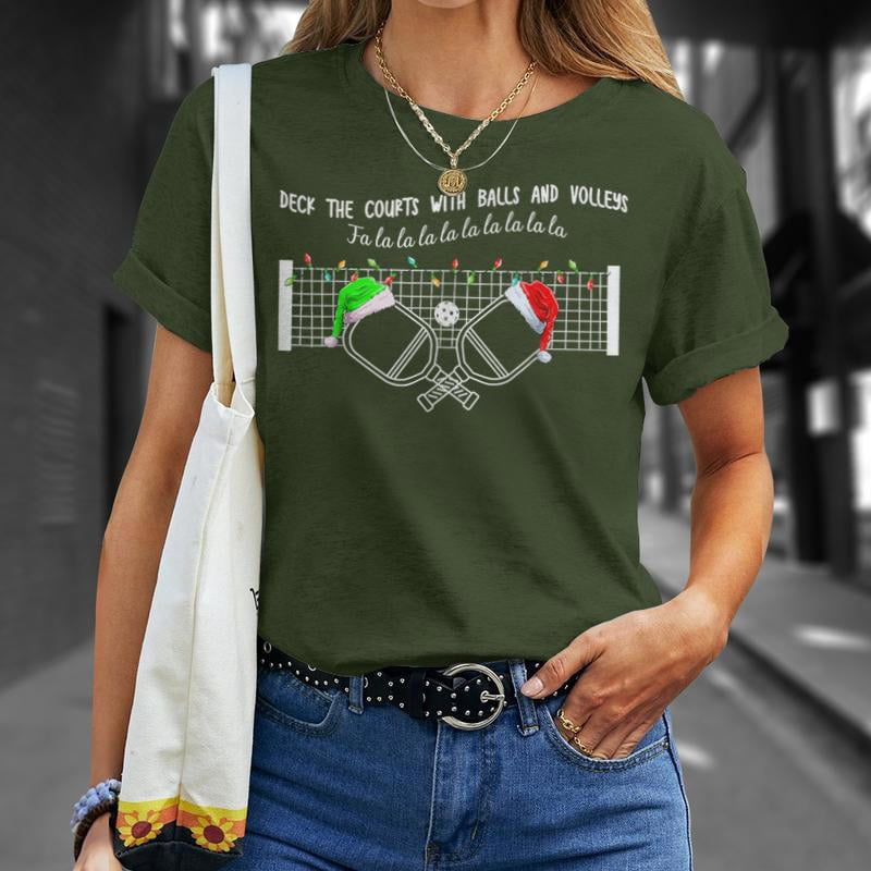 Deck The Courts With Balls And Volleys Christmas Pickleball TShirt