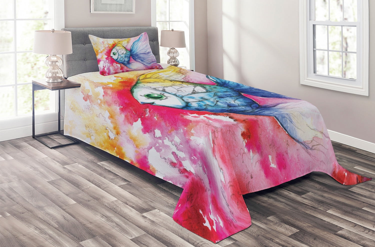 Ambesonne Fish Quilted Coverlet 2 Pcs, Watercolor Abstract Art, Twin ...
