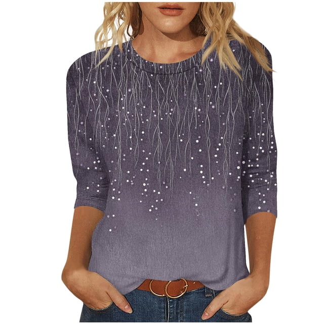 Staron Hauts Décontractés pour Femmes en Liquidation à Moins de 5 $ Chic d'Été Tunique à Manches 3/4 T-Shirts Basiques à Imprimé Floral Blouses à Col Rond