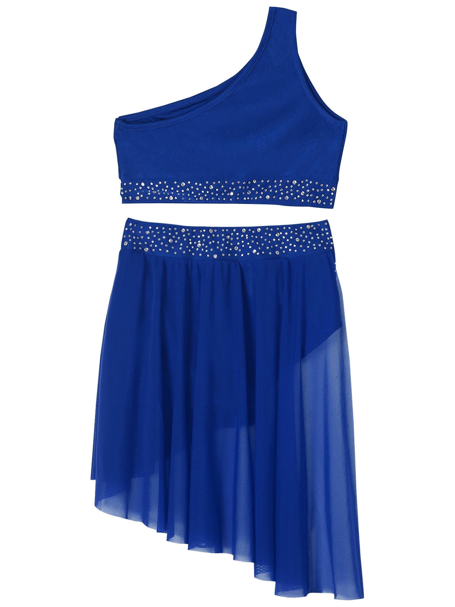 TSSOE Kids Girls 2 Pieces Lyrical Dance Dress Crop Top with Tutu Skirt Ballet Figure Skating Dress Blue 10