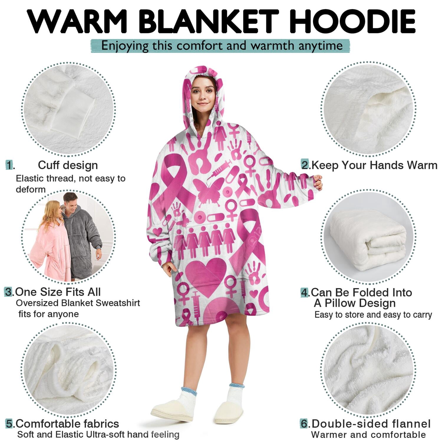 Wearable Oversized Blanket,Pink Breast Cancer Wearable Blanket Hoodie for Adults,Cozy Hooded Blankets with Super Pockets,Super Warm Fuzzy Pullover for Women & Men