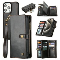 2 In 1 Wallet Phone Case for Apple iPhone 15 Pro, Detachable Magnetic Back Cover with Cards Holder Zipper Pocket Hand Wrist RFID Blocking Snap Closure Shockproof Case for iPhone 15 Pro, Black