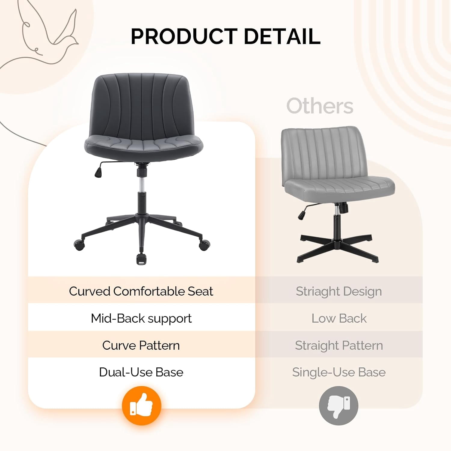 JOYMOR Modern Vanity Chair Dual-Use with/no Wheels, Armless Criss Cross Legged Chair, Swivel Wide Comfy Office Desk Chair, Computer Chair