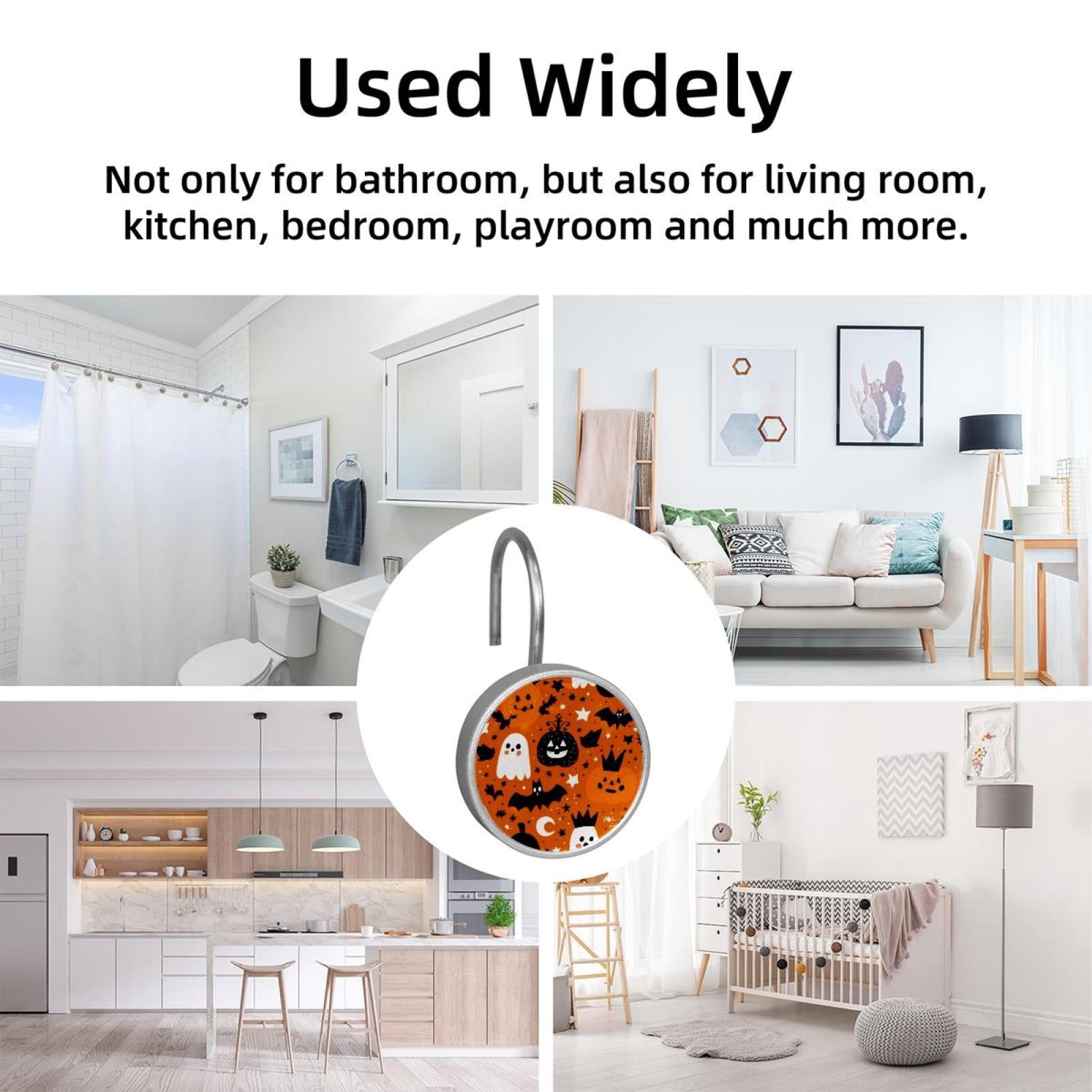 12pcs Decorative Shower Curtain Hooks, Rust Resistant Shower Rings for Bathroom Living Room,Rustproof Stainless Steel Rings for Shower Curtain and Liner Rods,Halloween Pattern Orange