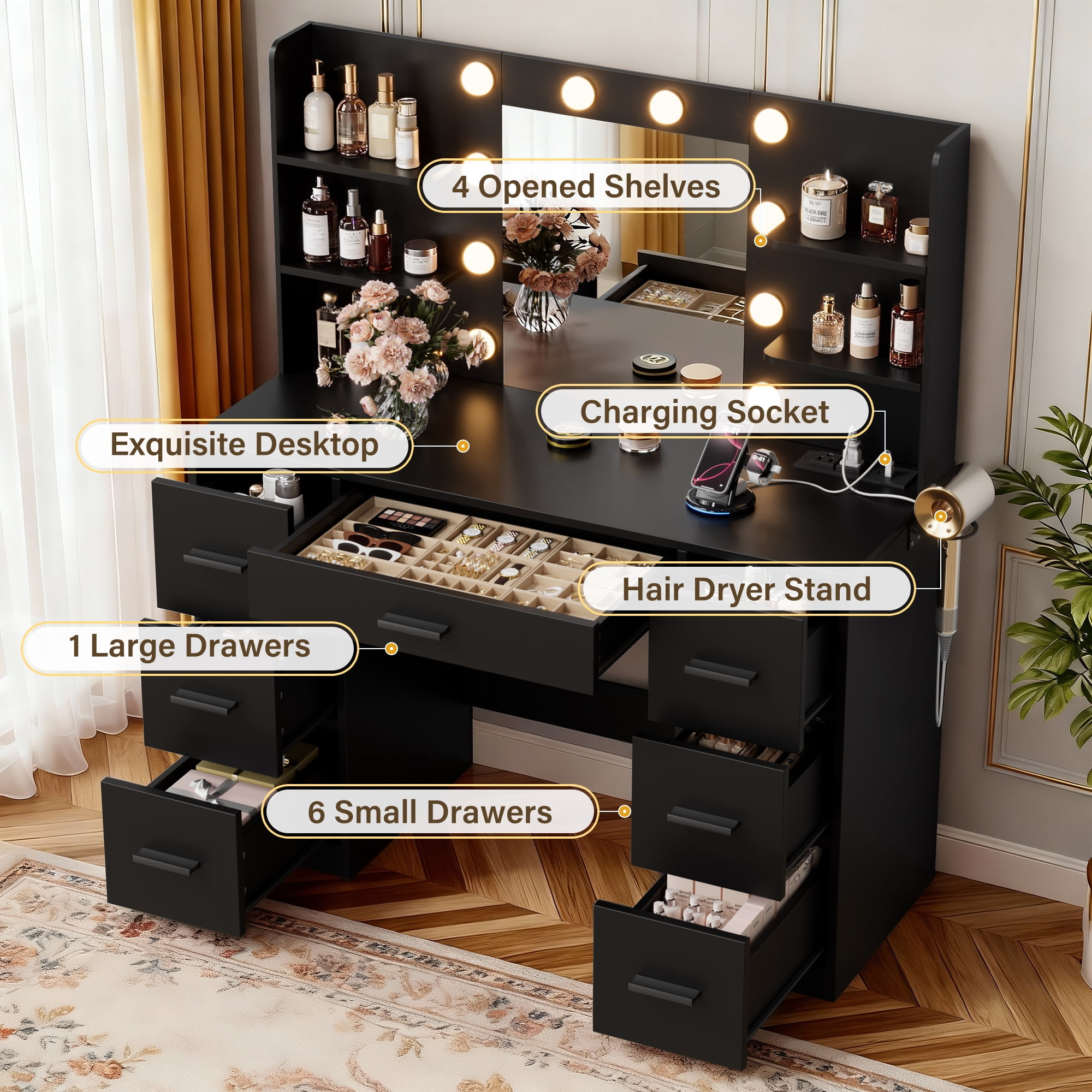 Vineego Vanity Desk with Adjustable Lighted Mirror, Vanity Table Set with Drawers & Storage Shelves, Makeup Vanity for Bedroom Dressing Room, Black